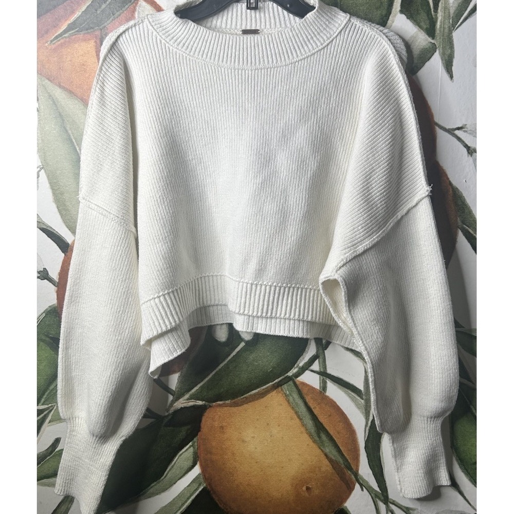 Free People Small Oversized Ivory‎ Mock Neck Cropped Ribbed Sweater Cotton Blend
